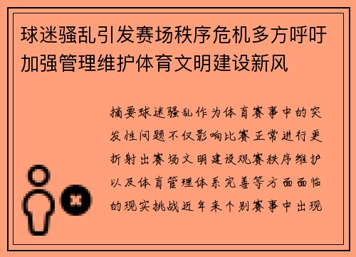球迷骚乱引发赛场秩序危机多方呼吁加强管理维护体育文明建设新风